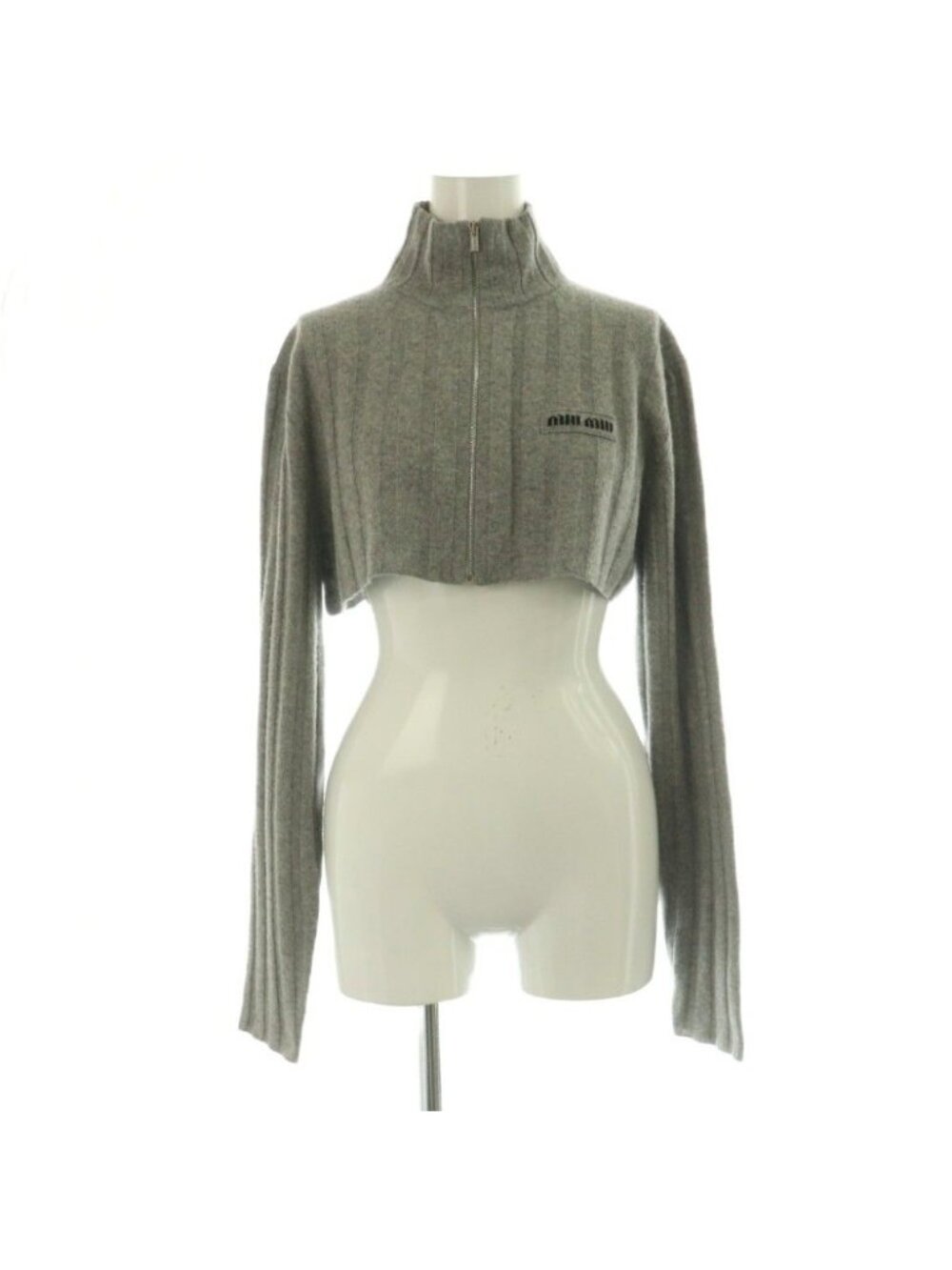 Miu Miu 25 AW Cropped Wool Cashmere Cardigan Knit Long Sleeve Zip Up Gray 36